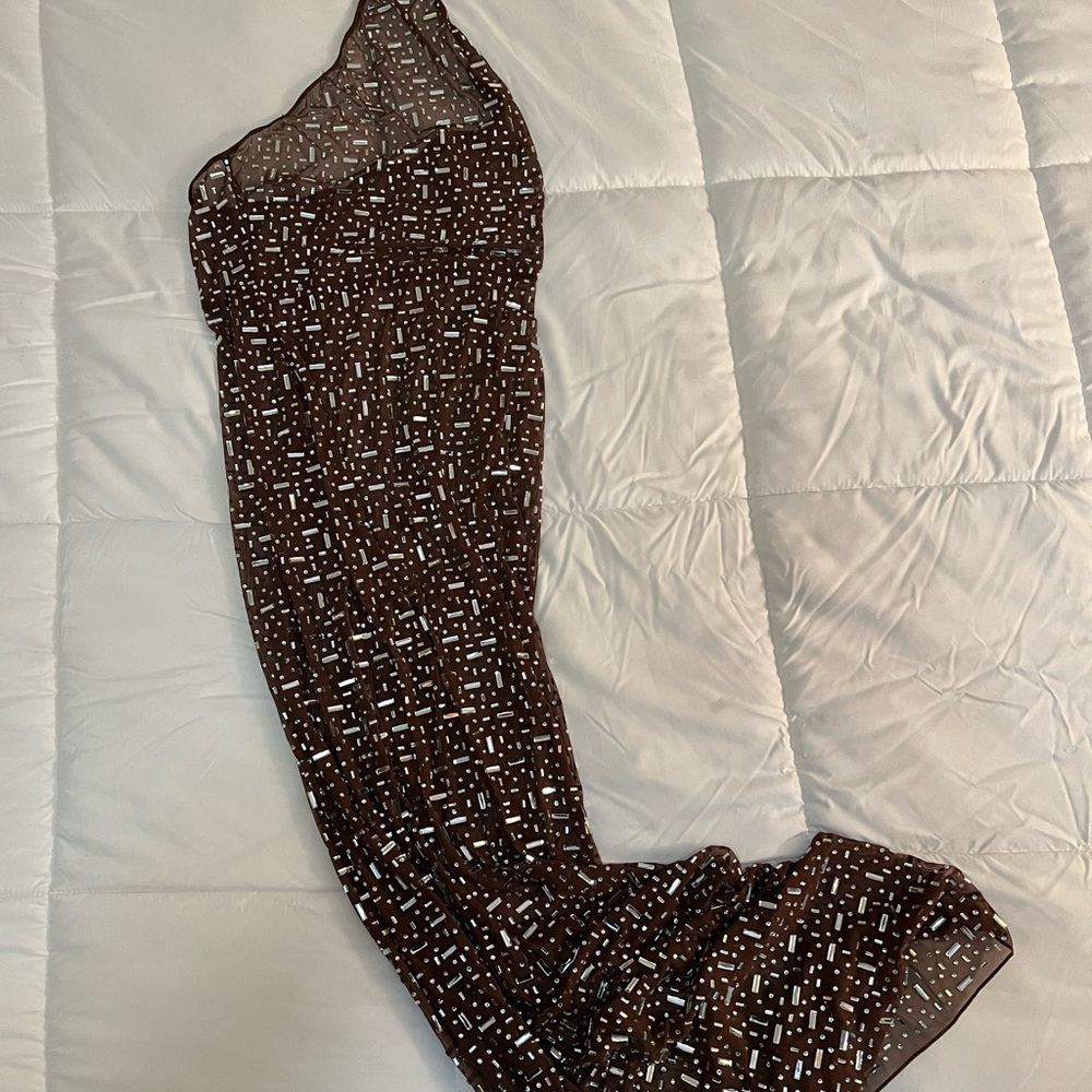 Oh Polly Brown Sequin Embellished sheer dress